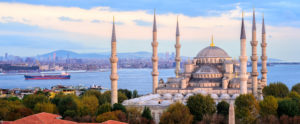Panoramic view of the Blue Mosque, Bosporus and Kadikoy skyline on sunset, Istanbul, Turkey