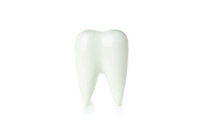 Weißer Zahn auf einem weißen Hintergrund; KI-Bild