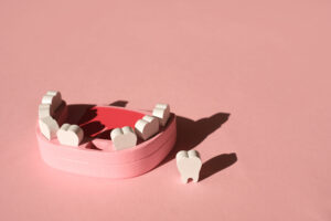 Ein Modell eines künstlichen Kiefers mit Milchzähne und Wurzelzähne auf rosa Hintergrund